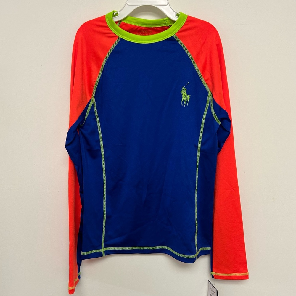 Ralph Lauren Kids Blue and Bright Orange Swim Shirt - Boys medium rash guard